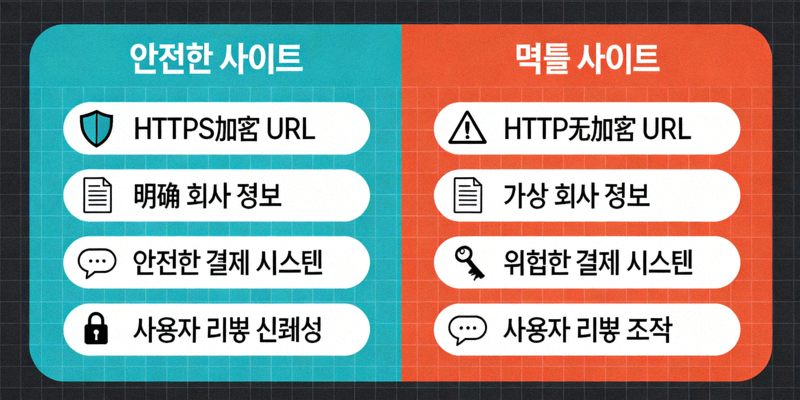 안전한 사이트와 먹튀 사이트의 특징을 비교하는 대조표 인포그래픽