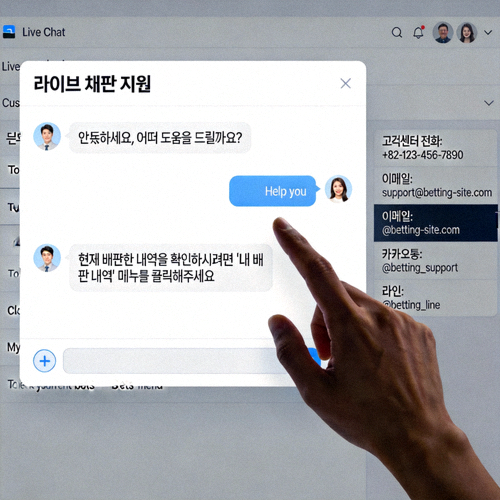 해외 배팅 사이트의 한국어 라이브 채팅 지원 창과 다양한 고객센터 연락처 정보가 표시된 화면 예시