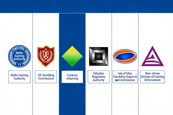 해외 카지노 사이트 하단에 표시된 다양한 국제 라이선스 로고들을 비교하는 이미지