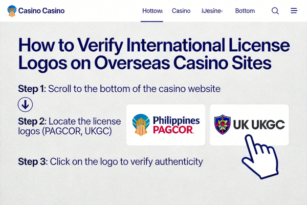 해외 카지노 사이트 하단에 표시된 다양한 국제 라이선스 로고(필리핀 PAGCOR, 영국 UKGC 등)를 확인하는 방법을 보여주는 이미지