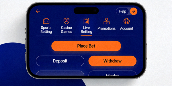 스마트폰 화면에 표시된 해외 배팅 사이트 모바일 인터페이스의 주요 메뉴와 버튼 위치 안내