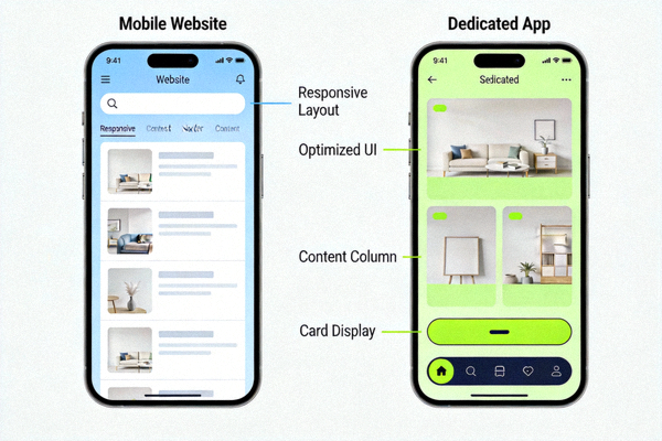 스마트폰 화면에서 모바일 웹사이트와 전용 앱의 인터페이스를 비교하는 시각적 자료