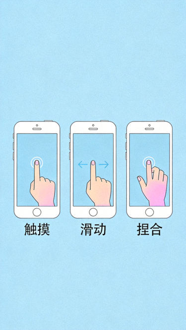 손가락으로 스마트폰 화면을 터치, 스와이프, 핀치하는 제스처를 시각적으로 설명하는 애니메이션