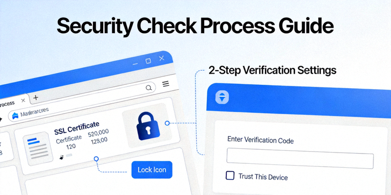 웹 브라우저 주소창에서 SSL 인증서와 자물쇠 아이콘을 확인하고, 2단계 인증 설정 화면을 보여주는 보안 체크 과정 시각자료