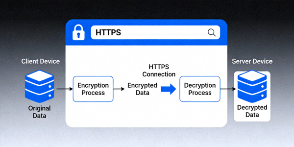 웹 브라우저 주소창의 자물쇠 아이콘과 HTTPS 표시, 그리고 데이터가 암호화되어 전송되는 과정을 설명하는 개념도