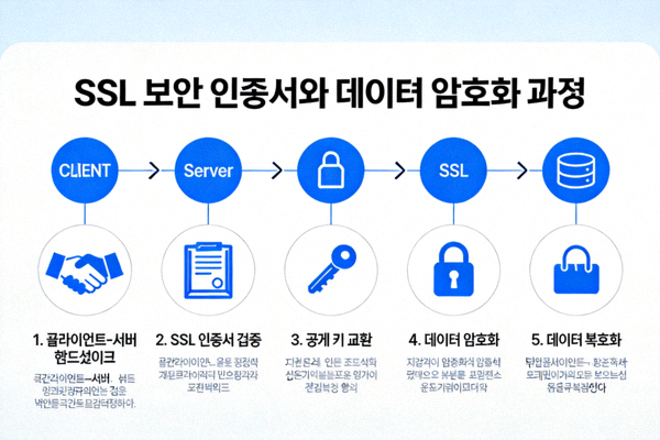 웹사이트의 SSL 보안 인증서와 데이터 암호화 과정을 시각적으로 표현한 인포그래픽